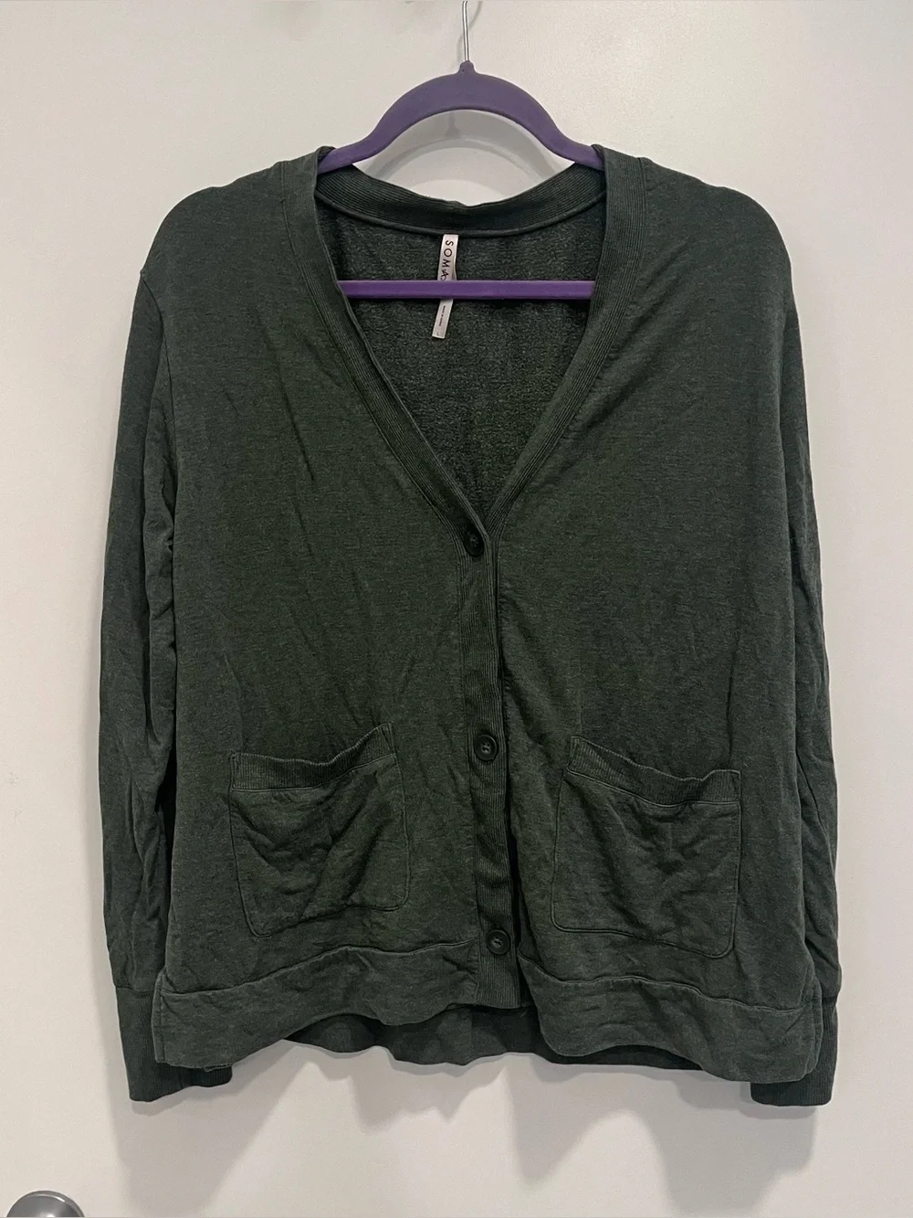 Soma Button Down Cardigan Sweater Dark Green V-Neck Pockets Size Large